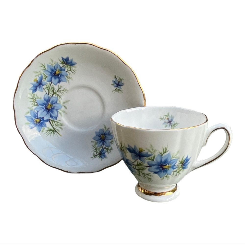 Vintage Colclough Made in England Blue Flower with gold trim tea cup and Saucer